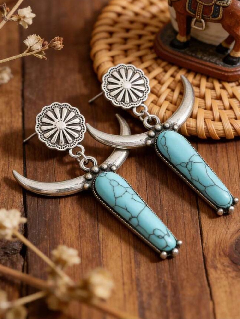 Western Cowboy‎ Style Bull Horn & faux Turquoise Drop Earrings